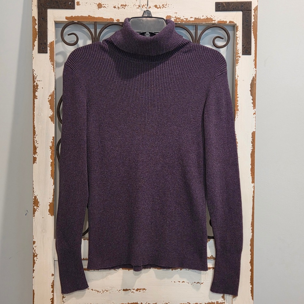 Vtg Old Navy Purple Plum Ribbed Turtleneck Sweater 100% Cotton Y2K Women Large
